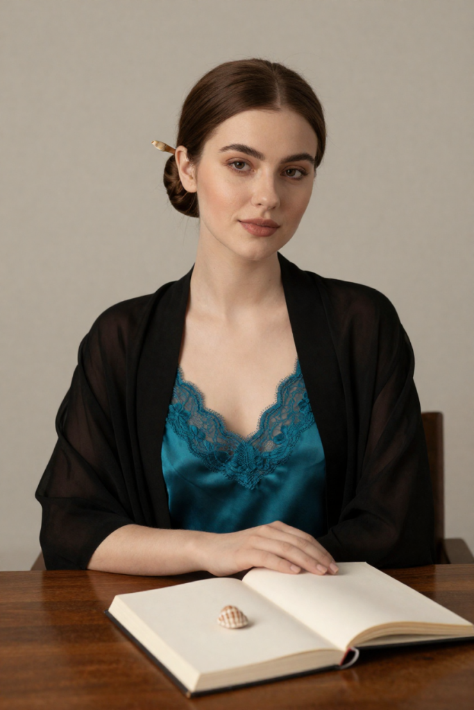 Teal camisole muse reading a blank-paged biography with a small shell bookmark